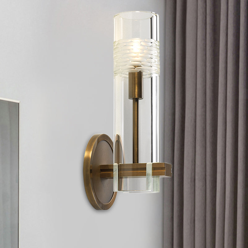Clear Glass Tubular Sconce Light Modernism 1 Bulb Wall Lighting Fixture in Brass with Metal Arm
