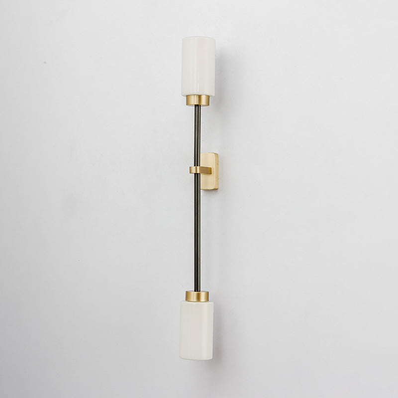 2 Heads Living Room Sconce Light Modernism Gold Wall Mount Lamp with Tube White Glass Shade