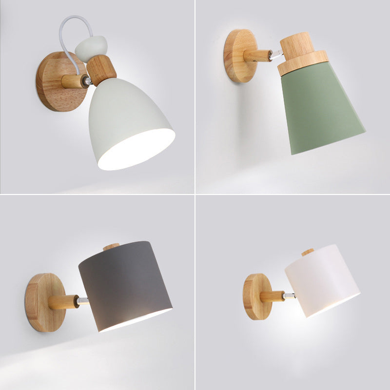 Lámpara de pared de pared de macarrón creativo moderno Luz de pared geométrica de madera con sombra de hierro forjado