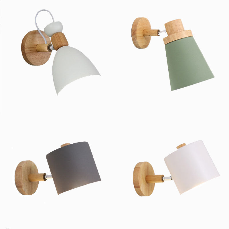 Lámpara de pared de pared de macarrón creativo moderno Luz de pared geométrica de madera con sombra de hierro forjado