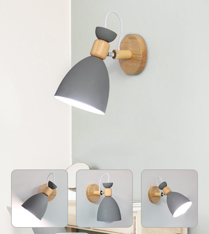 Lámpara de pared de pared de macarrón creativo moderno Luz de pared geométrica de madera con sombra de hierro forjado