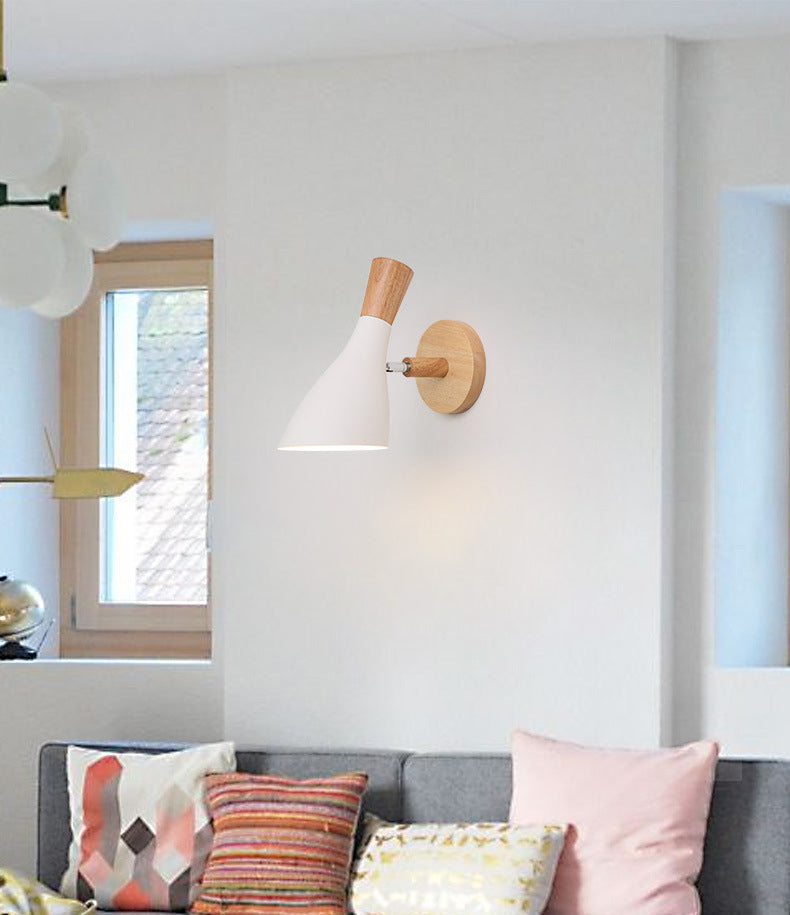 Lámpara de pared de pared de macarrón creativo moderno Luz de pared geométrica de madera con sombra de hierro forjado