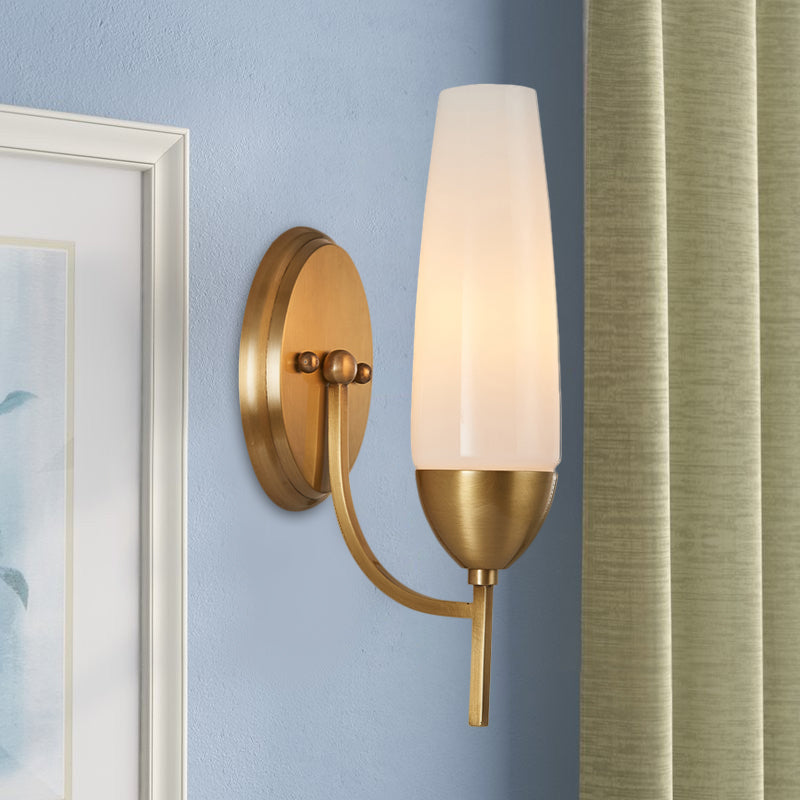 Contemporary 1 Bulb Wall Lamp Brass Conical Sconce Light Fixture with Milky Glass Shade