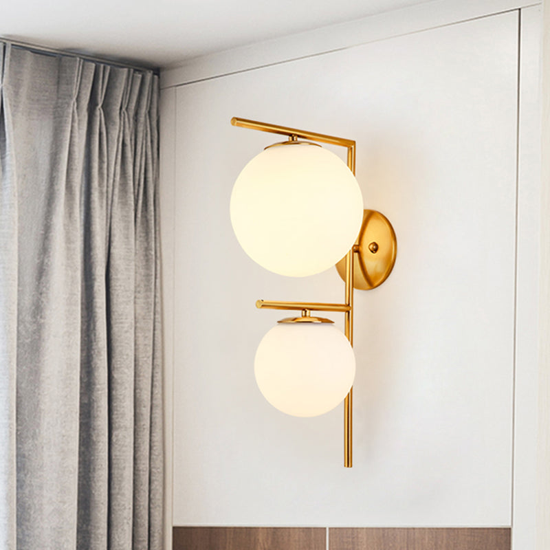White Glass Spherical Sconce Contemporary 2 Heads Wall Mounted Light Fixture in Gold