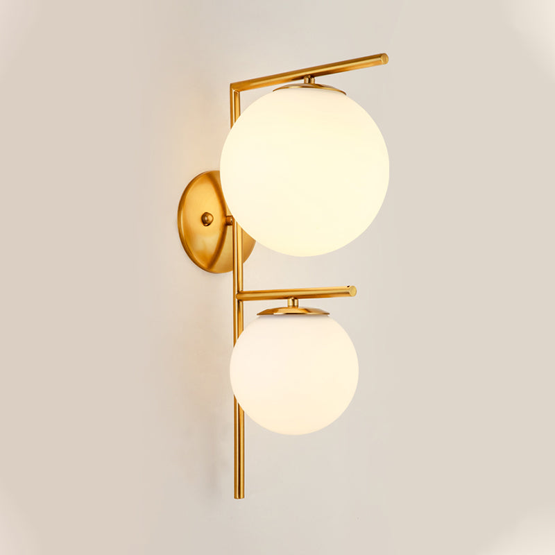 White Glass Spherical Sconce Contemporary 2 Heads Wall Mounted Light Fixture in Gold