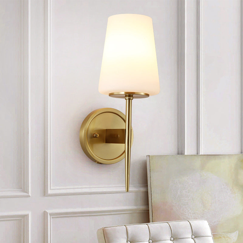 Tapered Wall Lamp Modernist Opal Glass 1 Bulb Brass Sconce Light Fixture with Metal Pencil Arm