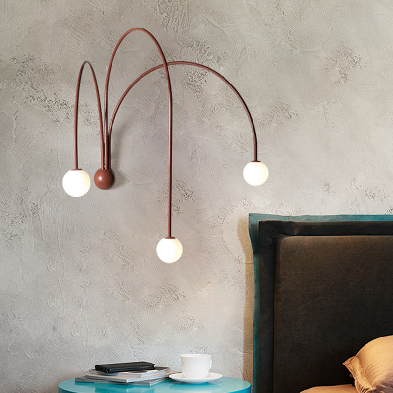 3 Heads Curved Arm Sconce Light Minimalist Metal Wall Mounted Lighting in Red for Bedside