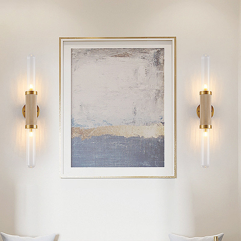 Contemporary 2 Heads Sconce Gold Tubular Wall Mounted Light Fixture with Fluted Glass Shade