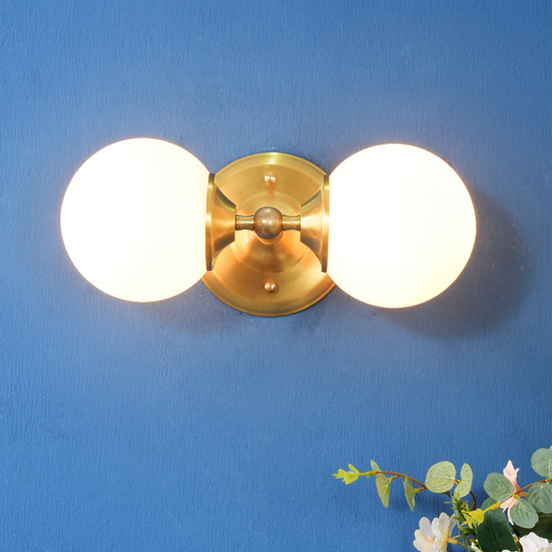 Spherical Sconce Contemporary Milky Glass 2 Heads Wall Mount Light Fixture in Brass