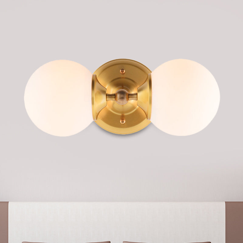 Spherical Sconce Contemporary Milky Glass 2 Heads Wall Mount Light Fixture in Brass