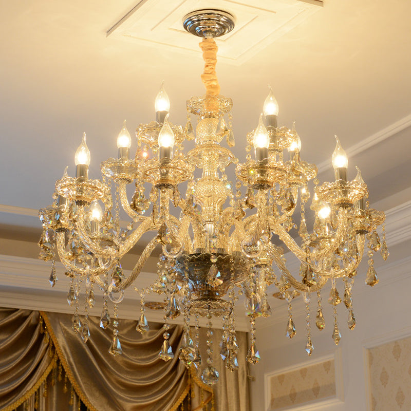 Gold Candle Pendant Light in Traditional Classic Style Glass Chandelier with Crystal Decoration