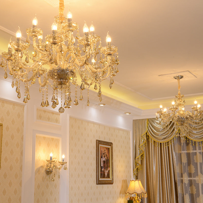 Gold Candle Pendant Light in Traditional Classic Style Glass Chandelier with Crystal Decoration