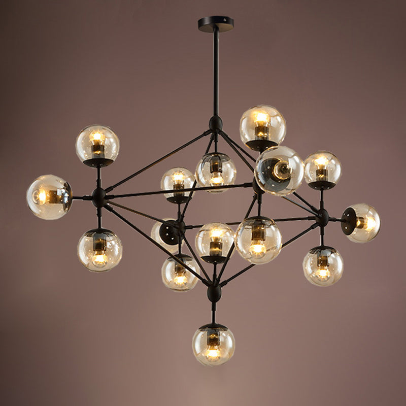 Black Radial Pendant Light in Industrial Vintage Style Wrought Iron Chandelier with Glass Shade