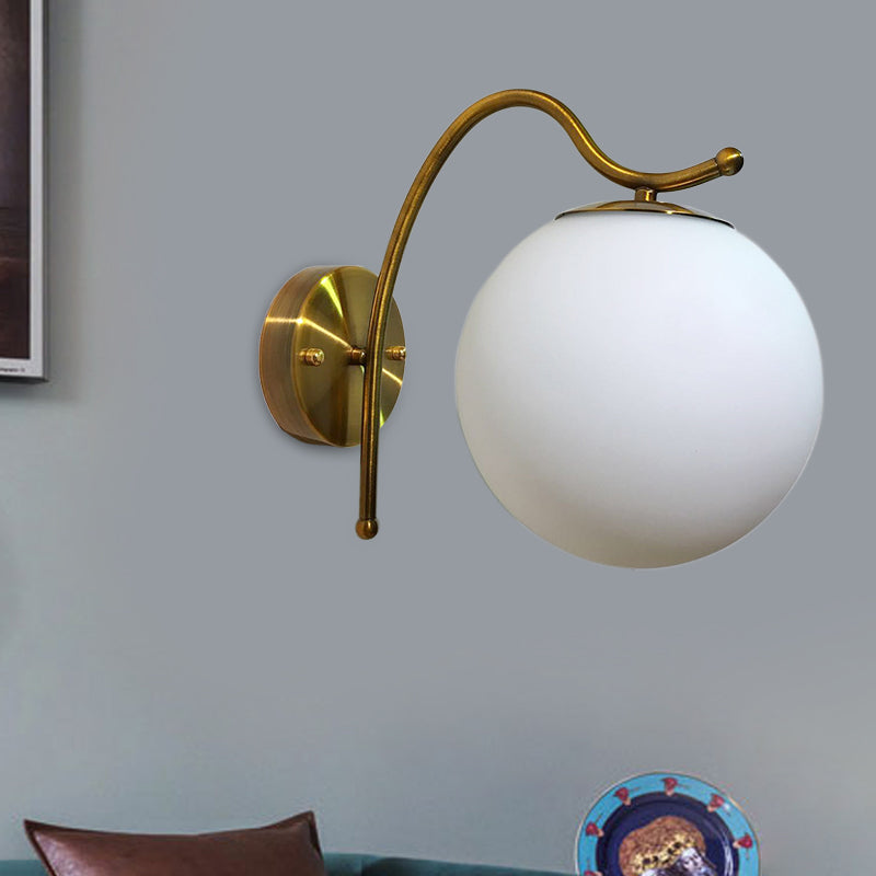 Ball Wall Lamp Modern White Glass 1 Head Gold Sconce Light Fixture with Metal Curved Arm