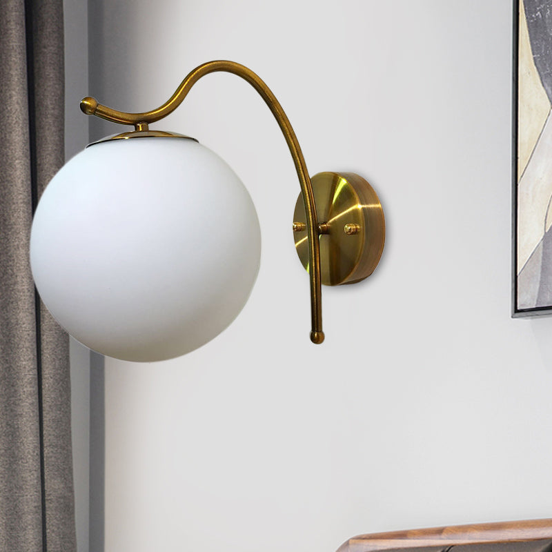 Ball Wall Lamp Modern White Glass 1 Head Gold Sconce Light Fixture with Metal Curved Arm