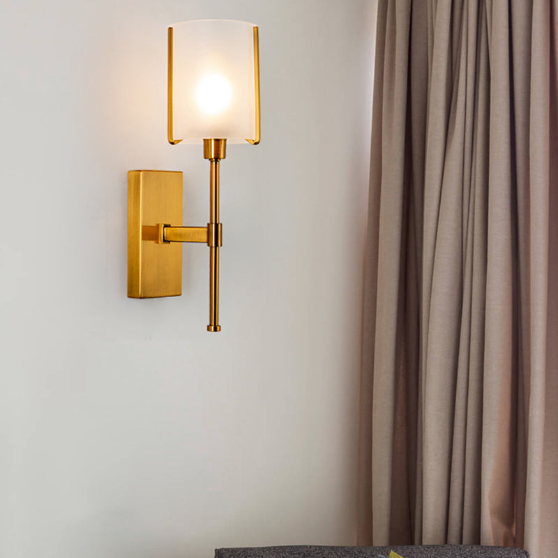 1 Head Cylinder Wall Lighting Modern Frosted Glass Sconce Light Fixture in Gold with Metal Pencil Arm