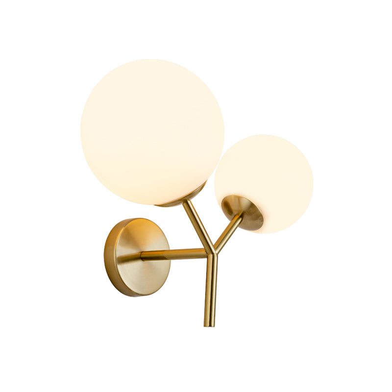 White Glass Spherical Sconce Contemporary 2 Heads Wall Mounted Light Fixture in Gold