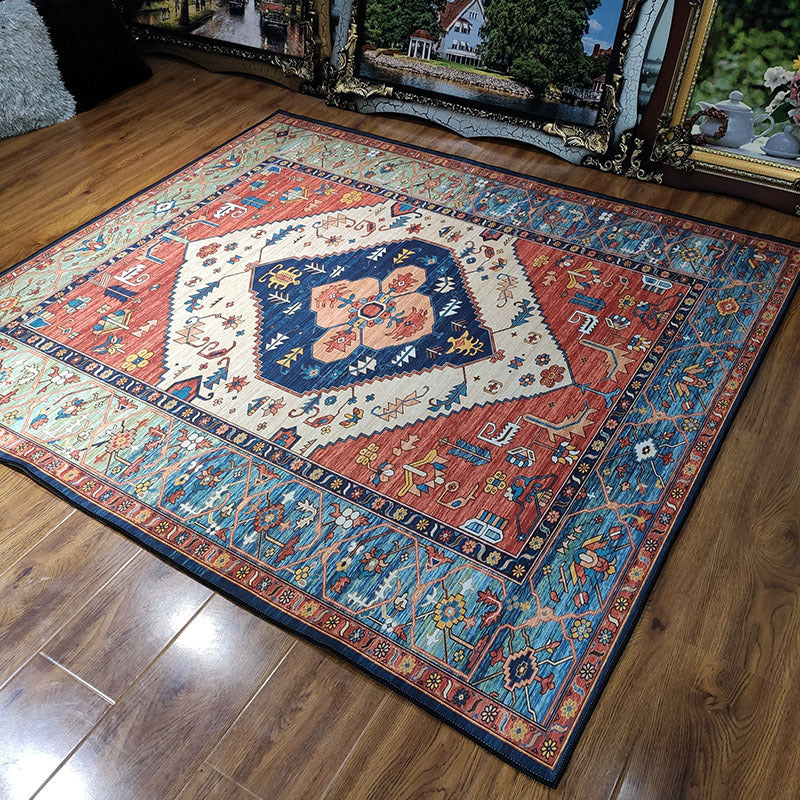 Morocco Tribal Pattern Area Carpet Blue Polyester Area Rug Stain Resistant Rug for Home Decor