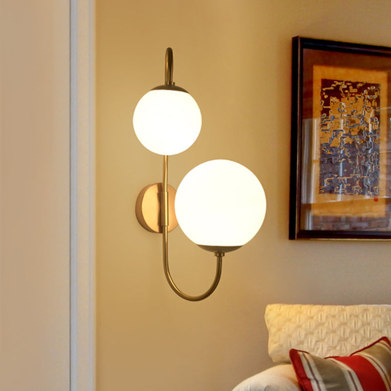 2 Bulbs Armed Sconce Contemporary Metal Wall Lighting Fixture in Gold with Ball Opal Glass Shade