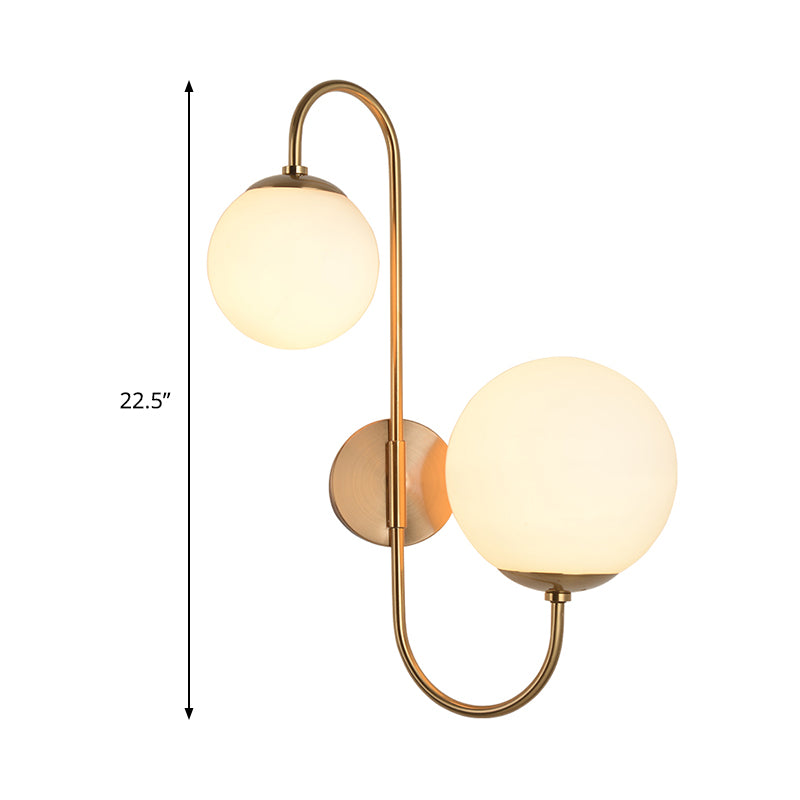 2 Bulbs Armed Sconce Contemporary Metal Wall Lighting Fixture in Gold with Ball Opal Glass Shade