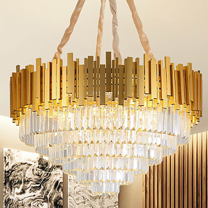 Brass Metallic Hanging Light Fixture Modern Style Layered Multi Light Chandelier Lamp with Crystal Block