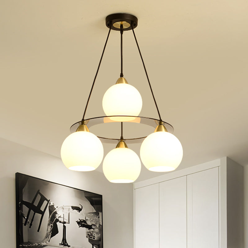 Modern 4 Heads Chandelier Light Black and Gold Spherical Ceiling Suspension Lamp with Opal Glass Shade