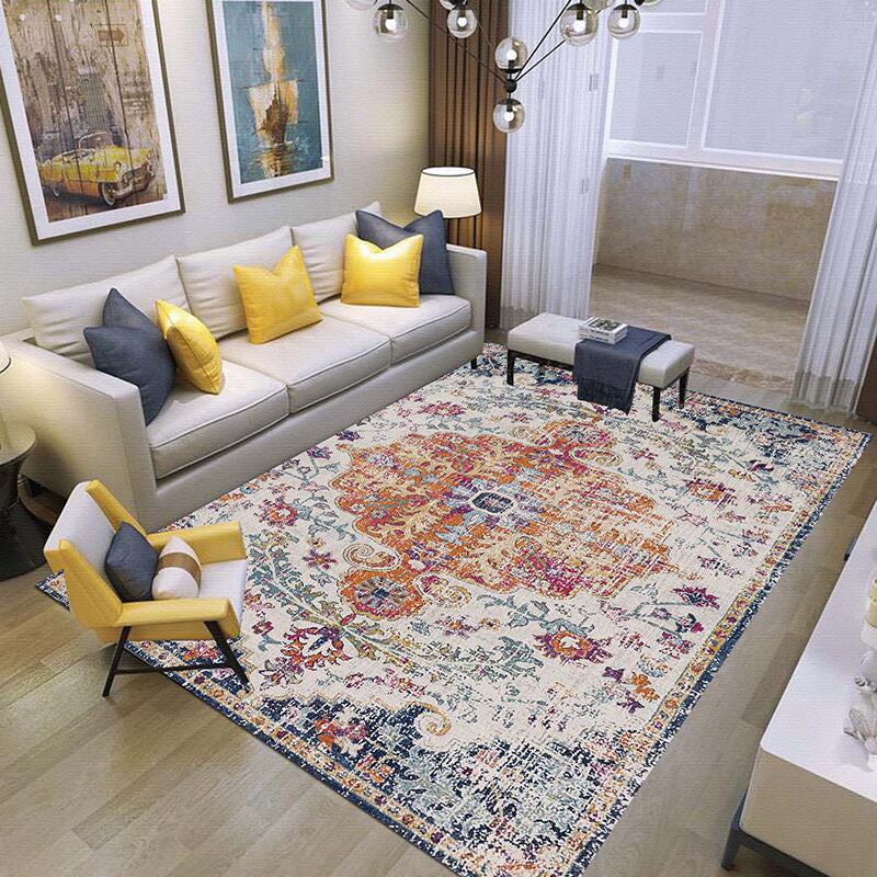 Blue Tribal Pattern Carpet Morocco Polyester Area Rug Non-Slip Backing Rug for Home Decor