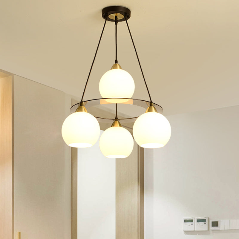 Modern 4 Heads Chandelier Light Black and Gold Spherical Ceiling Suspension Lamp with Opal Glass Shade