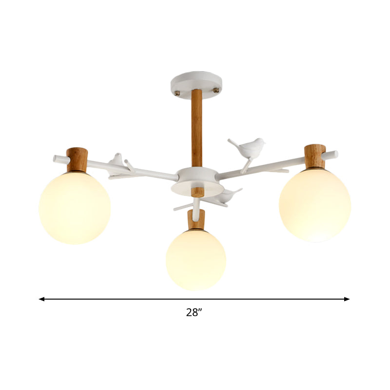 Contemporary Globe Chandelier Light White Glass 3 Bulbs Bedroom Suspended Lighting Fixture with Bird