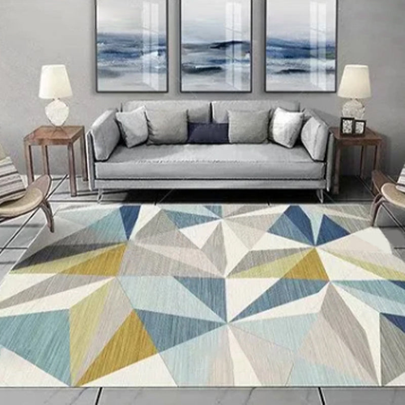 Modern Geometric Pattern Carpet Blue Polyester Area Rug Non-Slip Backing Rug for Home Decor