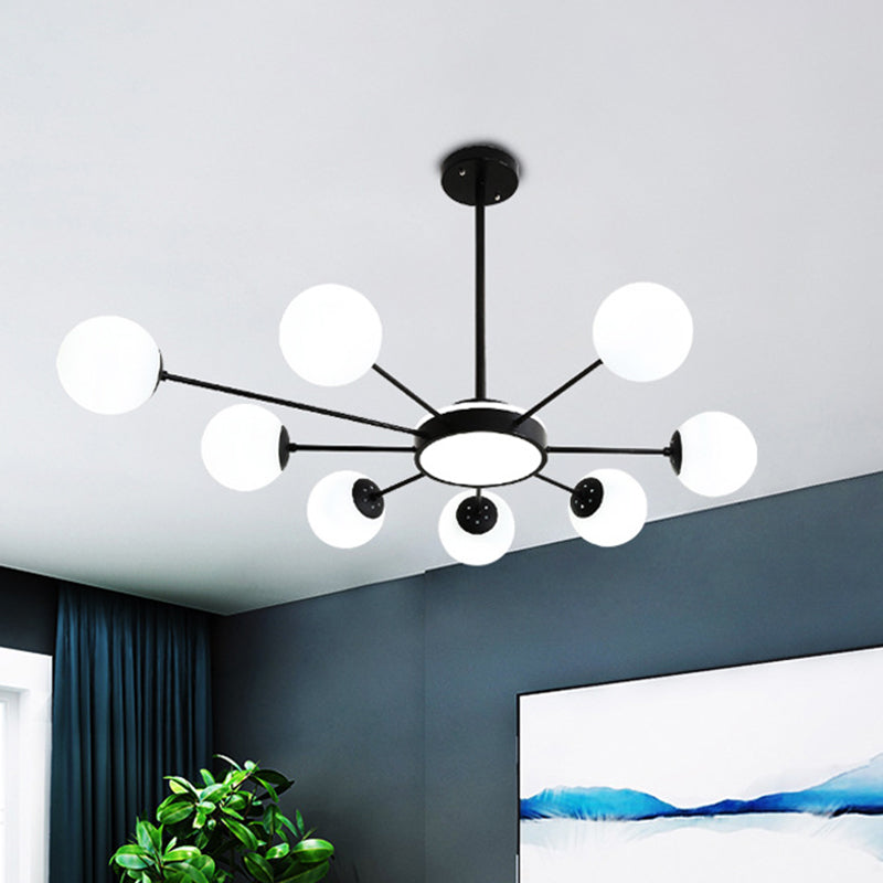 White Glass Round Chandelier Lighting Modernism 8 Heads Pendant Light Fixture in Black