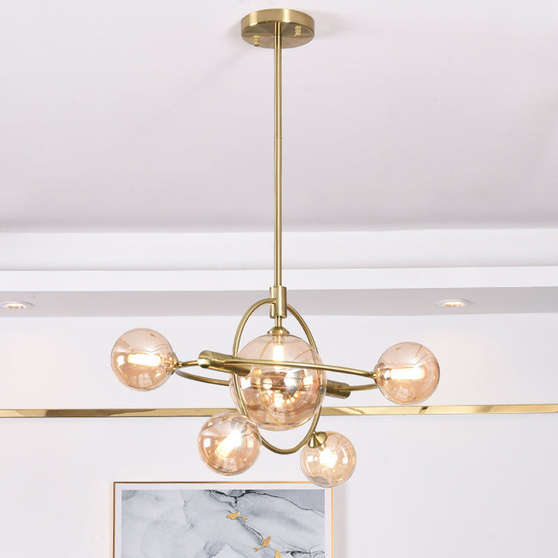 Modernist Sphere Chandelier Lighting Amber Glass 6 Heads Dining Room Ceiling Suspension Lamp