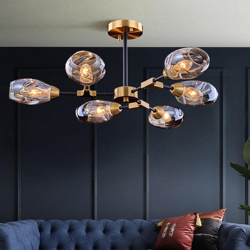 6 hoofden eetkamer hangende kroonluchter moderne zwarte en gouden hanglamp met een hangsel met beker beblazen glazen schaduw