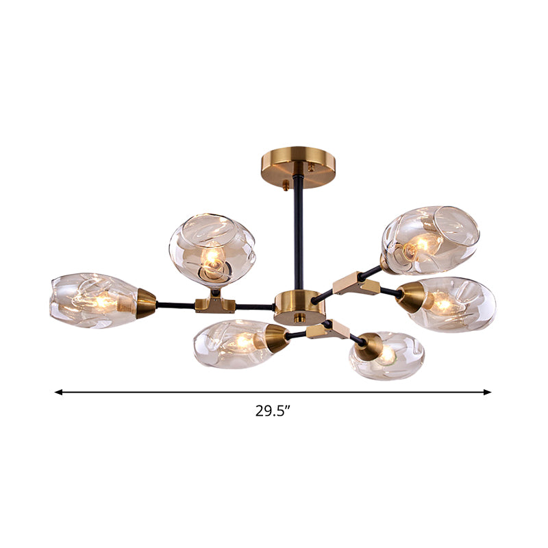 6 Heads Dining Room Hanging Chandelier Modern Black and Gold Pendant Light Fixture with Cup Dimpled Blown Glass Shade