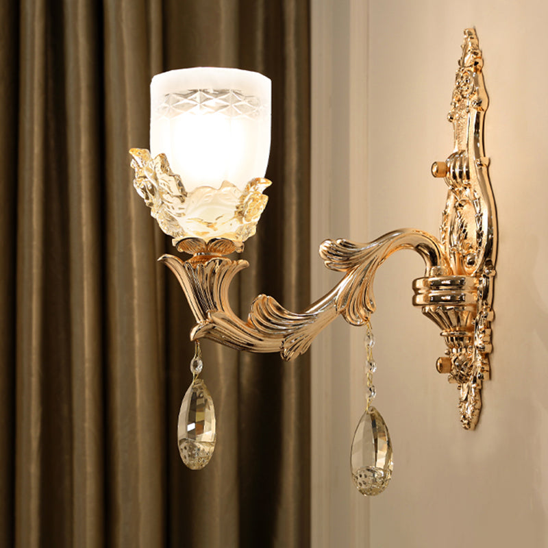 Weiße Glasschüssel Wandmontierte Lampe Vintage 1/2 Köpfe Wohnzimmer LED LED Leuchte in Gold mit Kristall Drapieren