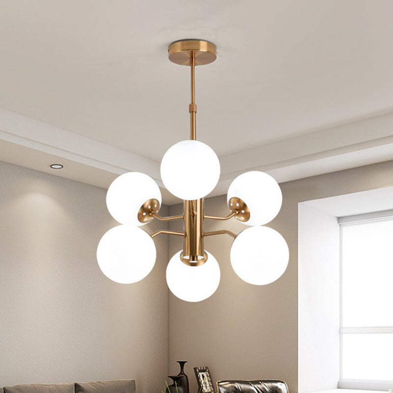 Milky Glass Ball Ceiling Chandelier Contemporary 6 Heads Suspended Lighting Fixture in Gold