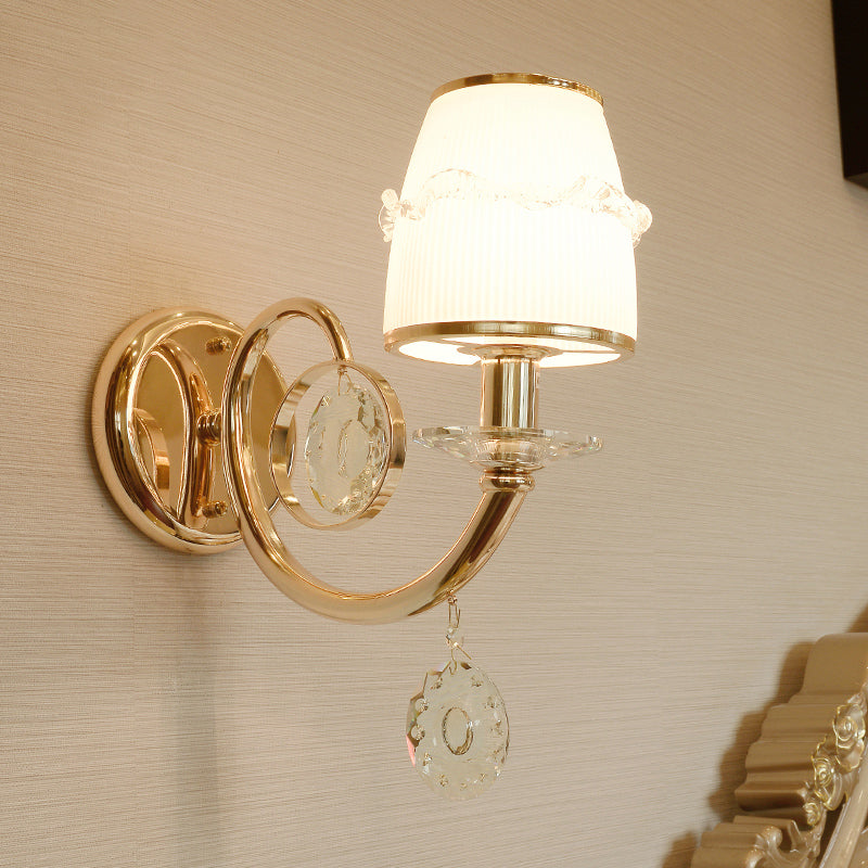 1/2 Bulbs Frosted Glass Sconce Traditionalist Gold Barrel Living Room Wall Mounted Light with Clear Crystal Drop