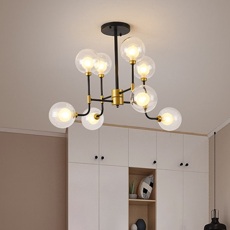 Modern Orb Hanging Chandelier Clear Glass 8/16 Bulbs Suspended Lighting Fixture in Black and Gold