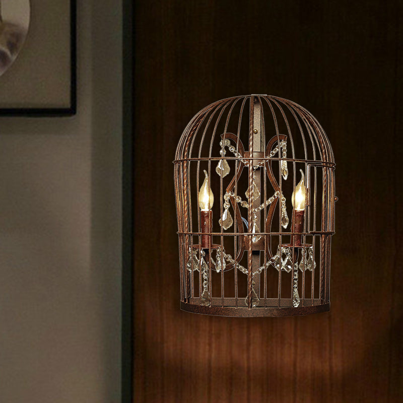Industrial Birdcage Wall Mount Lamp 2 Lights Metal Wall Sconce Lighting in Rust with Dangling Crystal