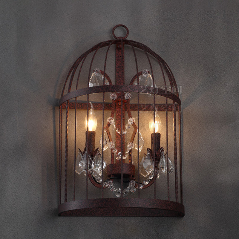 2 Heads Crystal Wall Sconce Industrial Rust Birdcage Living Room Metal Wall Mounted Light