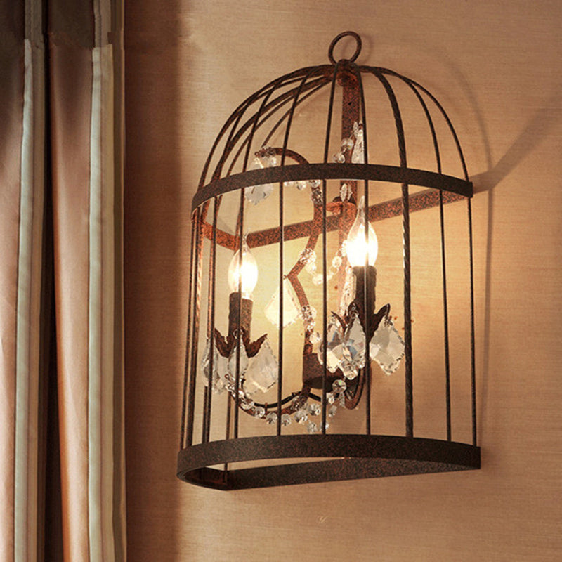 Birdcage Living Room Wall Sconce Industrial Clear Crystal Glass 2 Heads Rust Wall Lighting Fixture