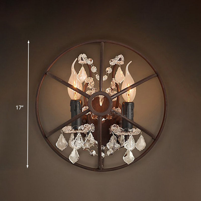 Circular Clear Crystal Sconce Light Industrial 2/3 Bulbs Wall Lighting Fixture in Rust for Living Room