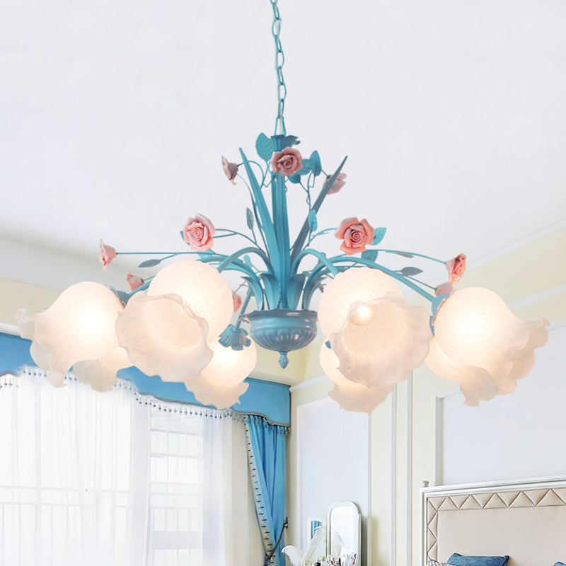 Floral White Glass Chandelier Light Countryside 8 Bulbs Living Room Pendant Lamp in Blue