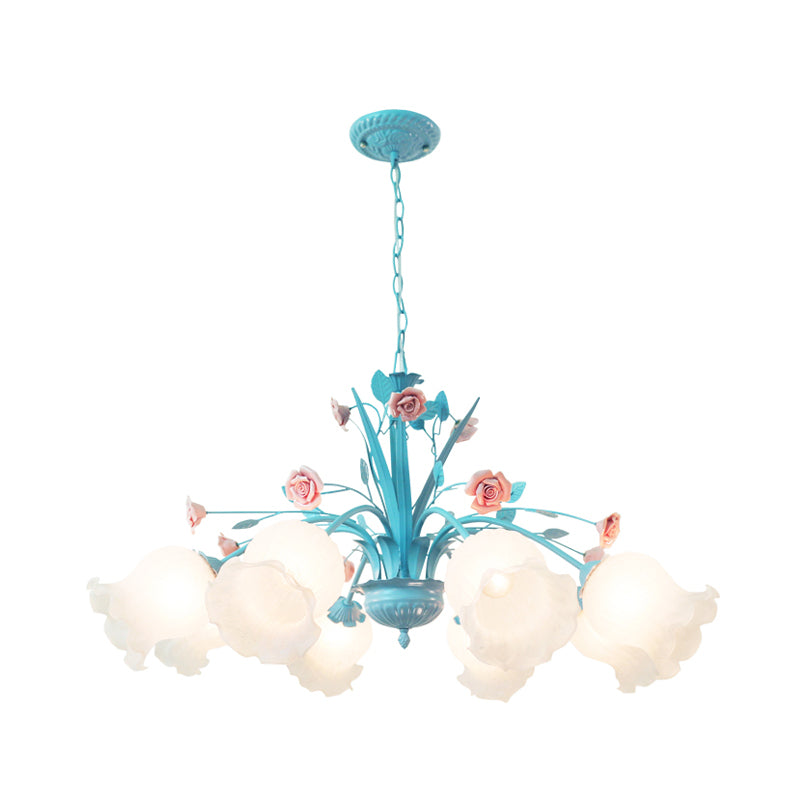 Floral White Glass Chandelier Light Countryside 8 Bulbs Living Room Pendant Lamp in Blue