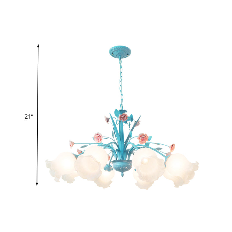 Floral White Glass Chandelier Light Countryside 8 Bulbs Living Room Pendant Lamp in Blue