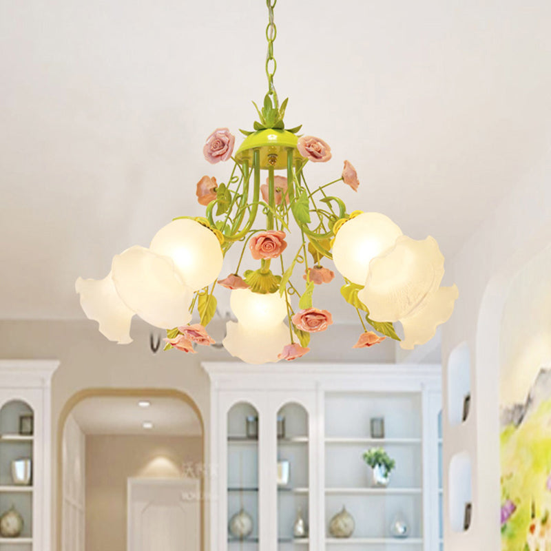 Pink/Green 5 Heads Chandelier Lighting Traditionalism Opal Glass Blossom Pendant Ceiling Light for Living Room