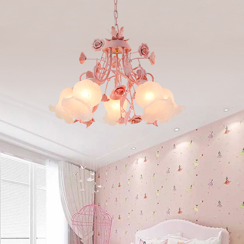 Pink/Green 5 Heads Chandelier Lighting Traditionalism Opal Glass Blossom Pendant Ceiling Light for Living Room