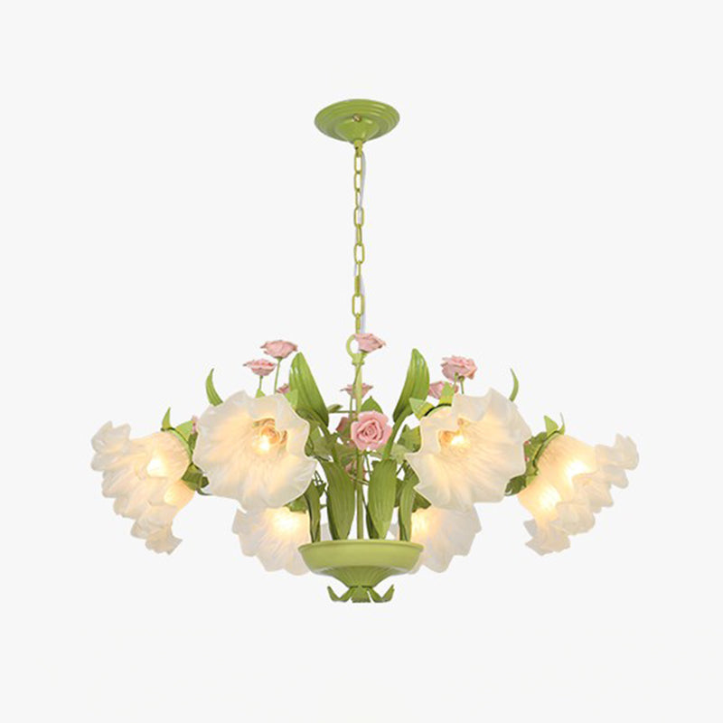 Countryside Flower Hanging Pendant 6/8 Heads Opal Glass Chandelier Lighting Fixture in Green for Bedroom