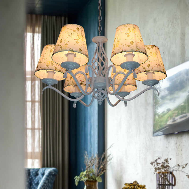 Azul claro 6 cabezas lámpara de lámpara tradicionalismo tela led cónico accesorio de iluminación suspendida