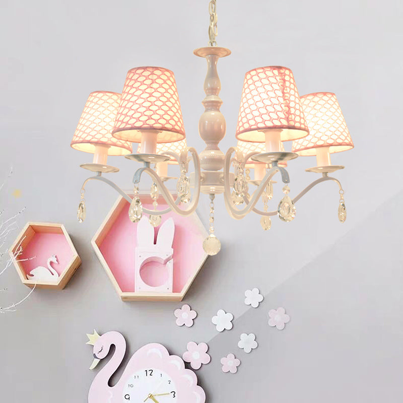 Tela rosa lámpara colgante colgante cónico 6 luces de iluminación tradicional con acento de cristal